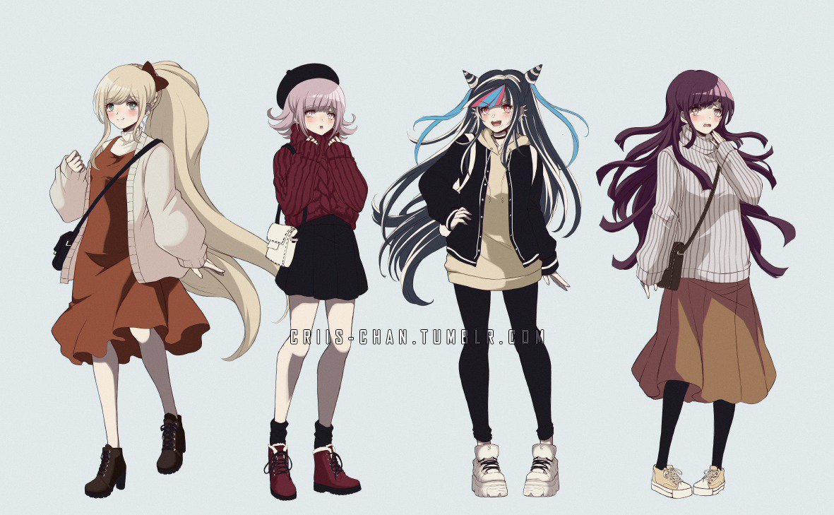 4girls :d alternate_costume ankle_boots backpack bag bangs black_bag black_choker black_hair black_headwear black_jacket black_legwear black_pants black_skirt blonde_hair blue_hair blunt_bangs blush boots bow braid breasts brown_bag brown_eyes brown_skirt cardigan choker closed_mouth collarbone commentary criis-chan dangan_ronpa dress ear_piercing english_commentary eyebrows_visible_through_hair fake_horns flipped_hair grey_background hair_bow hand_on_hip hand_up hands_up high_heels hood hoodie horns jacket light_brown_hair lip_piercing long_hair long_sleeves looking_at_viewer medium_breasts miniskirt mioda_ibuki mole mole_under_eye multicolored_hair multiple_girls nanami_chiaki open_mouth pants pantyhose piercing pinafore_dress pink_eyes pink_hair ponytail purple_hair red_bow red_footwear red_sweater ribbed_sweater school_uniform shoulder_bag simple_background skirt sleeves_past_wrists smile sonia_nevermind striped super_dangan_ronpa_2 sweater symbol_commentary tears tsumiki_mikan turtleneck twitter_username upper_body upper_teeth very_long_hair white_bag