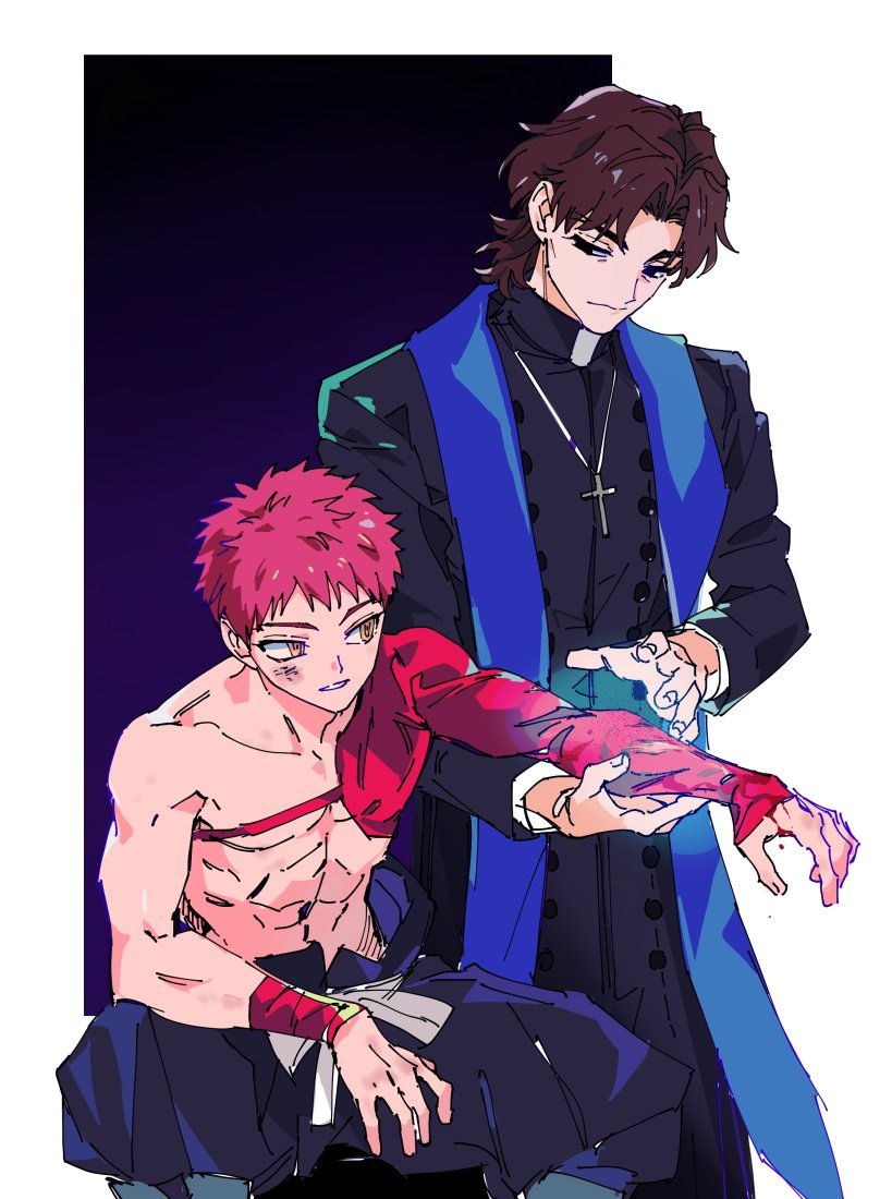 2boys abs blood brown_hair cross cross_necklace emiya_shirou fate/grand_order fate_(series) glowing glowing_hand habit igote jewelry kotomine_kirei limited/zero_over male_focus multiple_boys necklace outstretched_arm rasputin_(fate/grand_order) redhead sengo_muramasa_(fate) simple_background sujin yellow_eyes