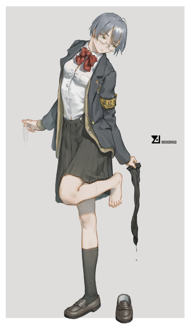 1girl armband barefoot black_legwear black_skirt blazer bow bowtie brown_cardigan cardigan glasses jacket kneehighs leg_up legwear_removed loafers original red_neckwear shoes short_hair silver_hair single_sock skirt socks socks_removed solo standing toes uniform wet wet_clothes youzu_(youzuyozu)