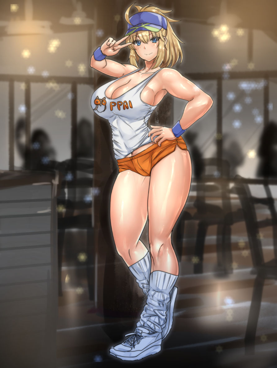 1girl ahoge artoria_pendragon_(all) baseball_cap blonde_hair blue_eyes blue_headwear brand_name_imitation breasts ceiling_light chair english_text fate/grand_order fate_(series) hat large_breasts light_smile mysterious_heroine_xx_(foreigner) orange_shorts pose restaurant shoes short_shorts shorts smile socks table tank_top thighs tied_hair tomliat v white_footwear white_legwear white_tank_top wooden_floor