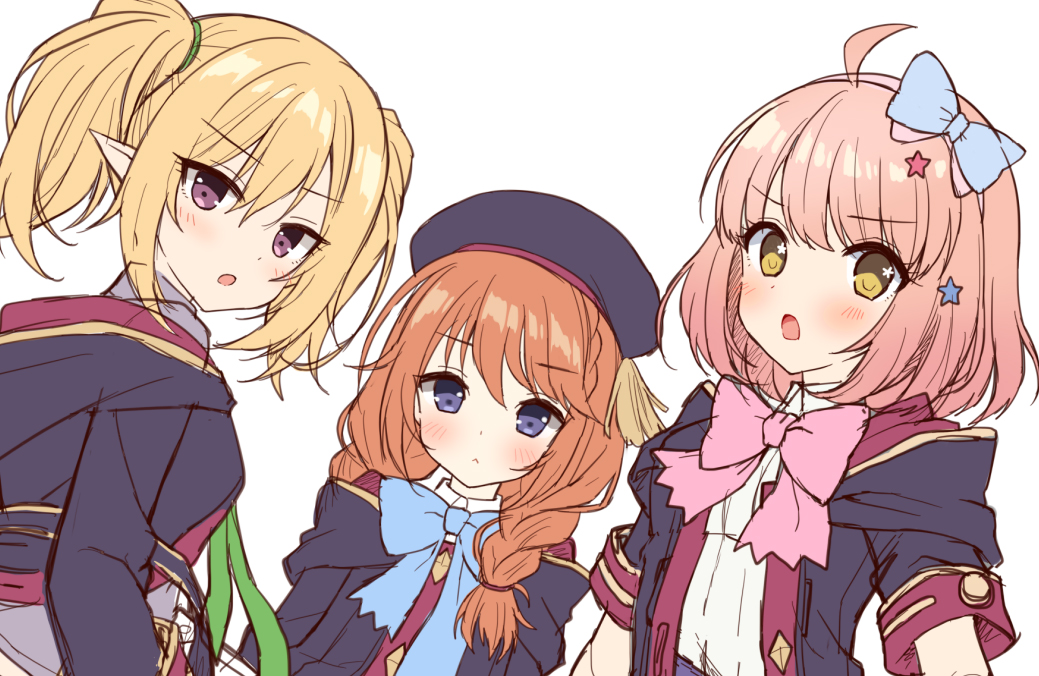 3girls :&lt; :o ahoge bangs beret black_coat black_headwear blonde_hair blue_bow blue_eyes blush bow braid brown_hair chieru_(princess_connect!) chloe_(princess_connect!) closed_mouth coat collared_shirt commentary_request eyebrows_visible_through_hair grey_shirt hair_between_eyes hair_bow hair_ornament hair_over_shoulder hairband hat hood hood_down hooded_coat long_hair looking_at_viewer mauve multiple_girls open_mouth pink_bow pink_hair pink_hairband princess_connect! princess_connect!_re:dive shirt short_sleeves simple_background star_(symbol) star_hair_ornament star_in_eye symbol_in_eye twin_braids twintails upper_body v-shaped_eyebrows violet_eyes white_background white_shirt yuni_(princess_connect!)