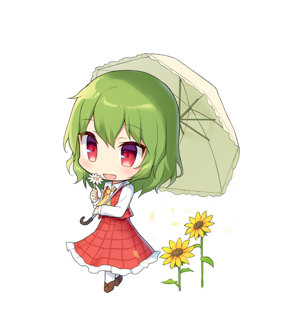 1girl ascot bangs brown_footwear chibi collared_shirt eyebrows_visible_through_hair flower full_body green_hair holding holding_flower holding_umbrella kazami_yuuka long_sleeves medium_hair open_mouth plaid plaid_skirt plaid_vest red_eyes red_skirt red_vest shirt simple_background skirt smile solo sunflower touhou umbrella vest white_background white_flower white_legwear white_shirt yada_(xxxadaman) yellow_flower yellow_neckwear