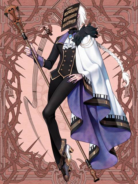 1boy black_pants black_vest braid brooch brown_background cape covered_face cravat dairoku_youhei full_body hand_on_hip jewelry jonau long_hair low-braided_long_hair male_focus pants piano_print purple_cape purple_nails sheet_music simple_background solo staff standing treble_clef two-tone_cape vest white_cape white_footwear white_hair white_neckwear