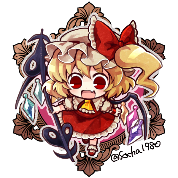 1girl ascot bangs blonde_hair bow chibi crystal dress eyebrows_visible_through_hair fang flandre_scarlet frilled_dress frills full_body hat hat_bow holding laevatein_(tail) looking_down medium_hair mob_cap open_mouth red_bow red_dress red_eyes red_footwear short_sleeves side_ponytail smile socha solo tail touhou twitter_username white_headwear white_legwear wings yellow_neckwear