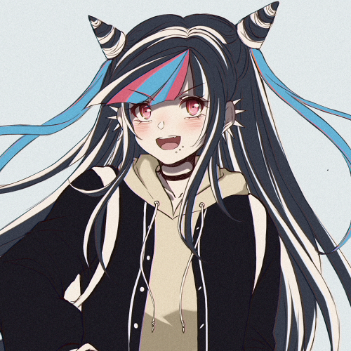 1girl :d alternate_costume backpack bag bangs black_choker black_hair black_jacket blue_hair blush choker collarbone commentary criis-chan dangan_ronpa ear_piercing fake_horns grey_background hood hoodie horns jacket lip_piercing long_hair looking_at_viewer lowres mioda_ibuki multicolored_hair open_mouth piercing pink_eyes pink_hair school_uniform simple_background smile solo super_dangan_ronpa_2 upper_body upper_teeth