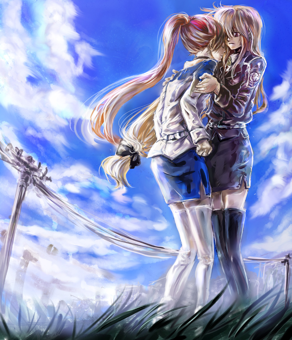 2girls blonde_hair blue_sky clouds cloudy_sky comforting couple ego6 fate_testarossa frown hug long_hair looking_at_another lyrical_nanoha mahou_shoujo_lyrical_nanoha_strikers military military_uniform multiple_girls red_eyes side_ponytail sky takamachi_nanoha uniform very_long_hair yuri