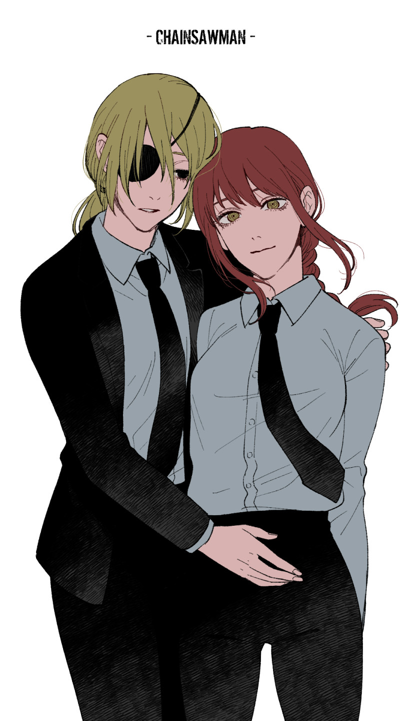 2girls aprilfoolrabbit arm_around_shoulder bangs black_eyepatch black_eyes black_neckwear black_pants black_suit blonde_hair braid braided_ponytail breasts brown_hair business_suit chainsaw_man collared_shirt couple expressionless formal hand_on_another's_crotch highres light_smile long_hair makima_(chainsaw_man) medium_breasts multiple_girls necktie office_lady pants ponytail quanxi_(chainsaw_man) ringed_eyes romance shirt shirt_tucked_in smile suit white_shirt wife_and_wife yellow_eyes yuri