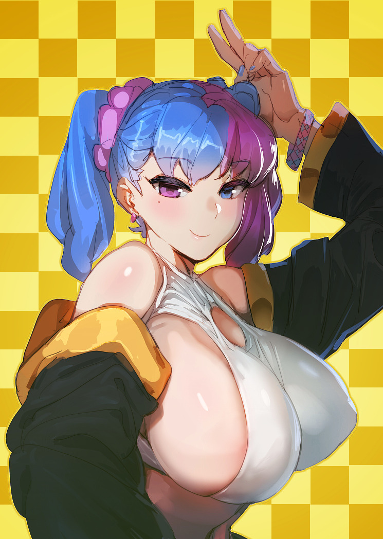1girl bare_shoulders blue_eyes blue_hair blue_nails blush bow_(bhp) bracelet breasts checkered checkered_background cleavage_cutout closed_mouth clothing_cutout covered_nipples earrings fingernails hand_up heterochromia huge_breasts jacket jewelry long_sleeves looking_at_viewer mole mole_under_eye multicolored_hair nail_polish open_clothes open_jacket original pink_eyes pink_hair sideboob smile solo tank_top twintails two-tone_hair upper_body v white_tank_top yellow_background