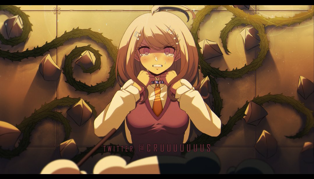 1girl ahoge akamatsu_kaede bangs blonde_hair blush breasts clenched_teeth collar collarbone collared_shirt commentary criis-chan crying crying_with_eyes_open dangan_ronpa eighth_note german_commentary hair_ornament hands_up letterboxed long_hair long_sleeves looking_at_viewer medium_breasts monokuma musical_note musical_note_hair_ornament necktie new_dangan_ronpa_v3 school_uniform shirt skirt smile solo_focus spoilers sweater_vest tearing_up tears teeth thorns upper_body white_shirt