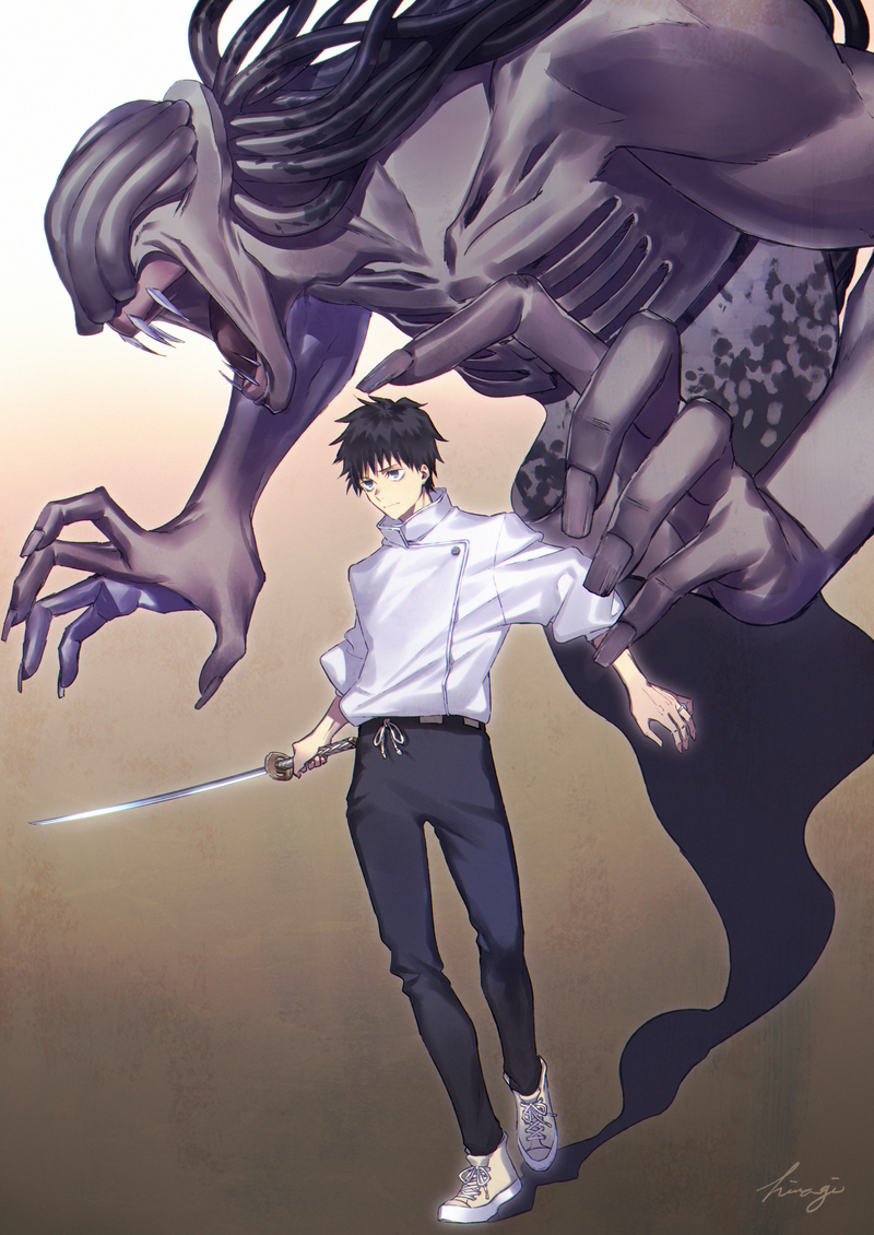 1boy bangs black_hair black_pants blue_eyes brown_background closed_mouth commentary_request demon fangs fingernails full_body gradient gradient_background high_collar holding holding_sword holding_weapon jacket jewelry jujutsu_kaisen katana kibou long_fingernails looking_away monster okkotsu_yuuta open_hands open_mouth orimoto_rika pants ribs ring school_uniform shoes short_hair short_sleeves signature sneakers standing sword weapon white_background white_footwear white_jacket