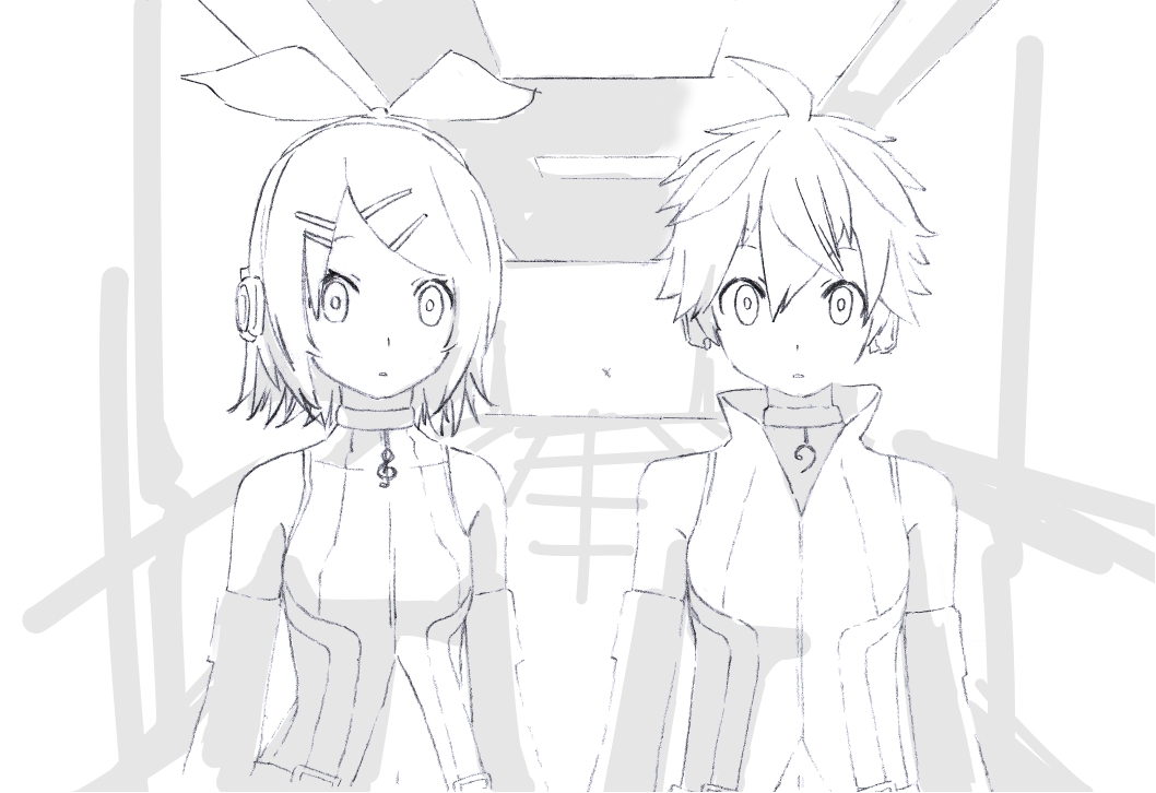 1boy 1girl bangs bass_clef bow choker commentary_request d_futagosaikyou detached_sleeves expressionless greyscale hair_bow hair_ornament hairclip headphones kagamine_len kagamine_len_(append) kagamine_rin kagamine_rin_(append) looking_at_viewer midriff monochrome navel navel_cutout ribbed_shirt shirt short_hair sketch sleeveless sleeveless_shirt spiky_hair standing swept_bangs treble_clef upper_body vocaloid vocaloid_append