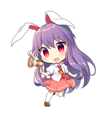 1girl animal_ears bangs brown_footwear carrot chibi collared_shirt eyebrows_visible_through_hair full_body holding holding_weapon long_hair lowres lunatic_gun necktie open_mouth pink_skirt puffy_short_sleeves puffy_sleeves purple_hair rabbit_ears red_eyes red_neckwear reisen_udongein_inaba shirt short_sleeves simple_background skirt smile solo touhou weapon white_background white_legwear yada_(xxxadaman) yellow_shirt