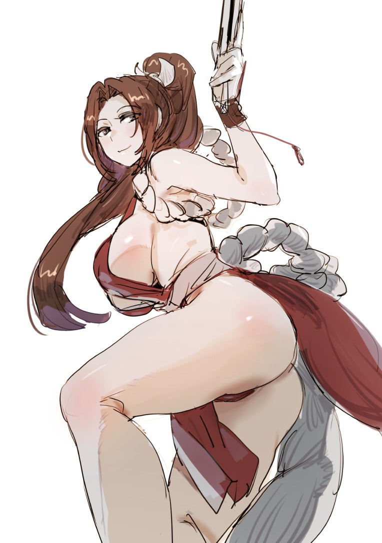 1girl ass bow_(bhp) breasts brown_eyes brown_hair closed_mouth dress fatal_fury from_side hand_up holding large_breasts long_hair looking_at_viewer no_bra pelvic_curtain ponytail red_dress shiranui_mai sideboob simple_background smile solo the_king_of_fighters white_background wristband