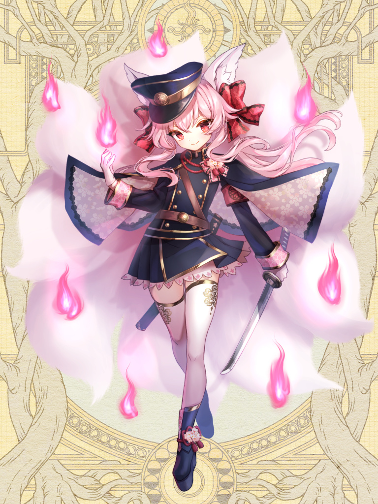 1girl aiguillette animal_ears armband black_footwear black_skirt bow capelet dairoku_youhei fox_tail full_body gloves hair_bow hat hi-na1 holding holding_sword holding_weapon long_hair long_sleeves looking_at_viewer military military_hat military_uniform official_art pink_hair red_bow sheath simple_background skirt smile solo standing sword tail thigh-highs uniform weapon white_legwear yellow_background