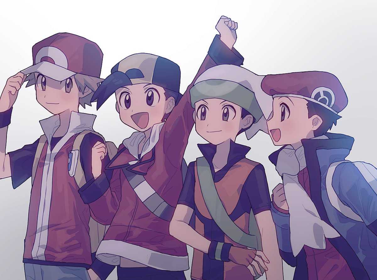 4boys :d arm_up backpack bag baseball_cap beanie black_hair black_wristband brendan_(pokemon) brown_eyes brown_hair closed_mouth ethan_(pokemon) fingerless_gloves gloves grey_eyes hand_in_pocket hat jacket light_blush long_sleeves lucas_(pokemon) male_focus multiple_boys open_mouth oshi_taberu pants pokemon pokemon_(game) pokemon_dppt pokemon_emerald pokemon_frlg pokemon_hgss pokemon_platinum pokemon_rse red_(pokemon) red_headwear scarf short_sleeves smile tongue vs_seeker white_background white_bag white_headwear white_scarf yellow_bag