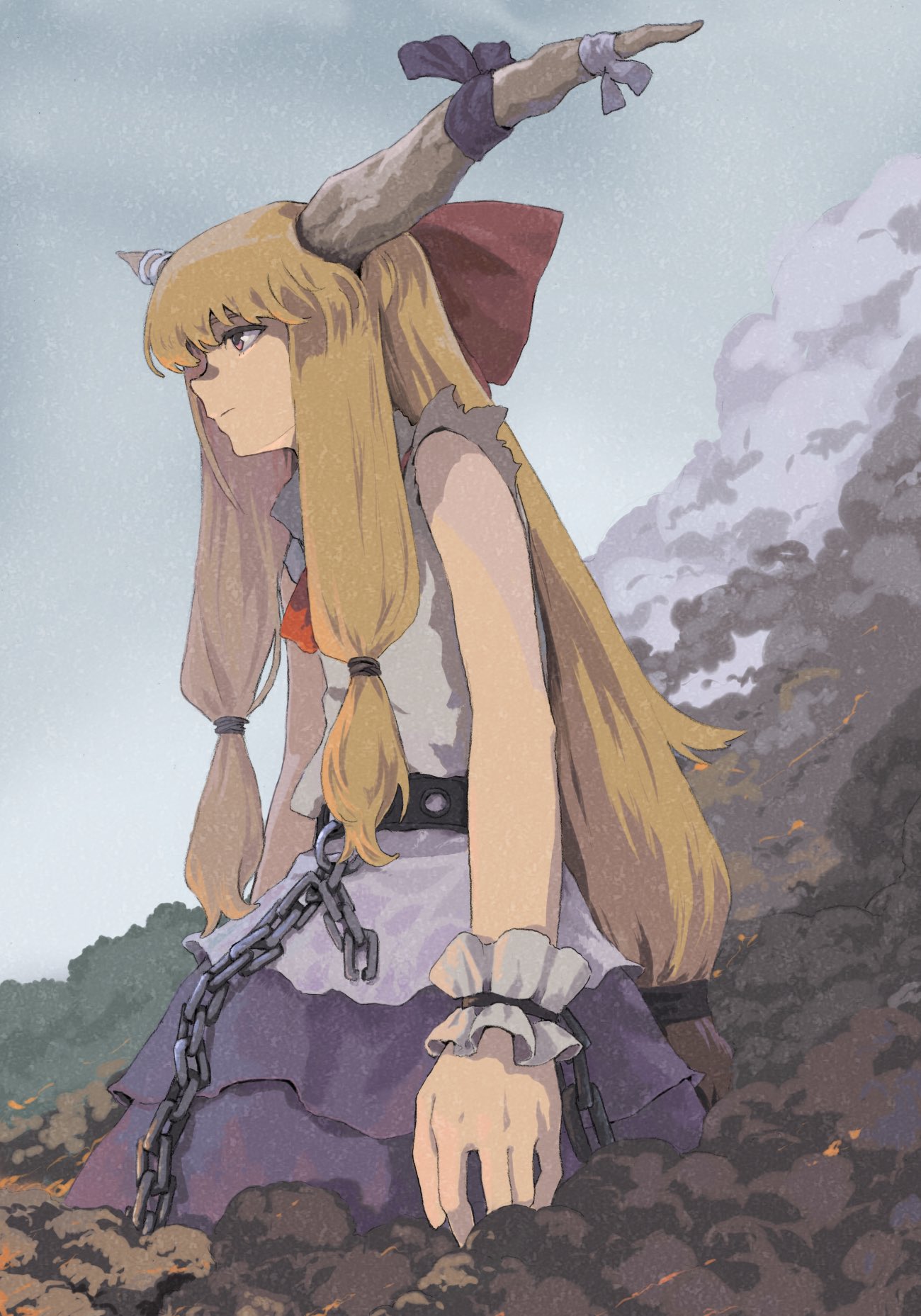 1girl bangs belt black_belt black_ribbon blue_ribbon blue_skirt bow brown_eyes chain closed_mouth commentary_request cowboy_shot day from_below from_side giantess hair_bow highres horn_ornament horn_ribbon horns ibuki_suika light_brown_hair long_hair low-tied_long_hair medium_request oni orange_eyes orange_hair outdoors profile purple_ribbon red_bow red_neckwear ribbon shiratama_(hockey) shirt sidelocks skirt sky sleeveless sleeveless_shirt slouching smoke solo sparks torn_clothes torn_sleeves touhou traditional_media very_long_hair white_ribbon white_shirt wrist_cuffs
