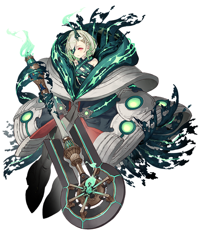 1girl bare_shoulders dark_persona empty_eyes expressionless eyepatch full_body green_hair half-nightmare holding holding_sword holding_weapon horns ji_no little_match_girl_(sinoalice) looking_at_viewer official_art oversized_clothes pale_skin red_eyes scarf single_horn sinoalice solo sword transparent_background weapon