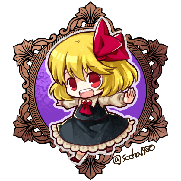 1girl ascot bangs black_skirt black_vest blonde_hair brown_footwear chibi eyebrows_visible_through_hair frilled_skirt frills full_body hair_ribbon long_sleeves looking_at_viewer open_mouth outstretched_arms red_eyes red_neckwear red_ribbon ribbon rumia shirt short_hair skirt smile socha solo spread_arms touhou twitter_username vest white_legwear white_shirt
