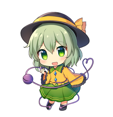 1girl bangs black_footwear black_headwear chibi eyebrows_visible_through_hair full_body green_eyes green_hair green_skirt hat hat_ribbon heart heart_of_string komeiji_koishi long_sleeves looking_at_viewer lowres medium_hair open_mouth ribbon shirt simple_background skirt smile solo third_eye touhou white_background wide_sleeves yada_(xxxadaman) yellow_ribbon yellow_shirt