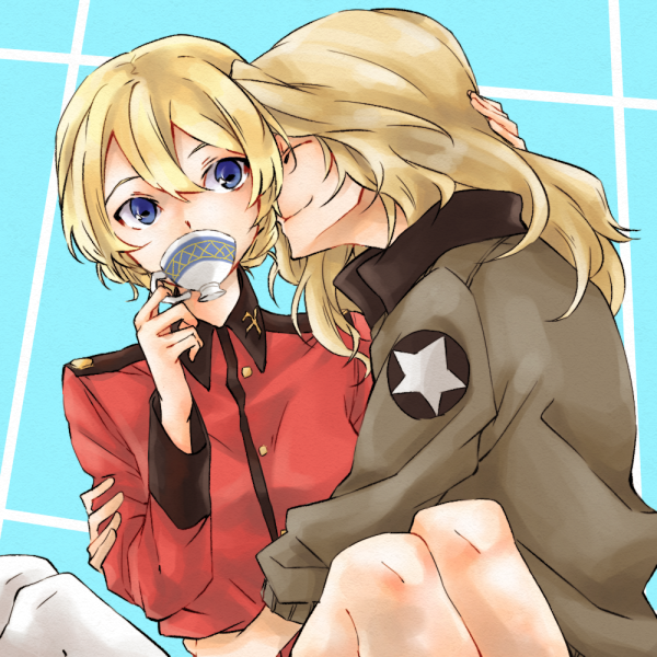 2girls blonde_hair blue_eyes bomber_jacket closed_eyes cup darjeeling_(girls_und_panzer) drinking futo_(hbnn328) girls_und_panzer hand_on_another's_head hug jacket kay_(girls_und_panzer) long_hair military military_uniform multiple_girls saunders_military_uniform short_hair smile st._gloriana's_military_uniform teacup thigh-highs uniform white_legwear yuri