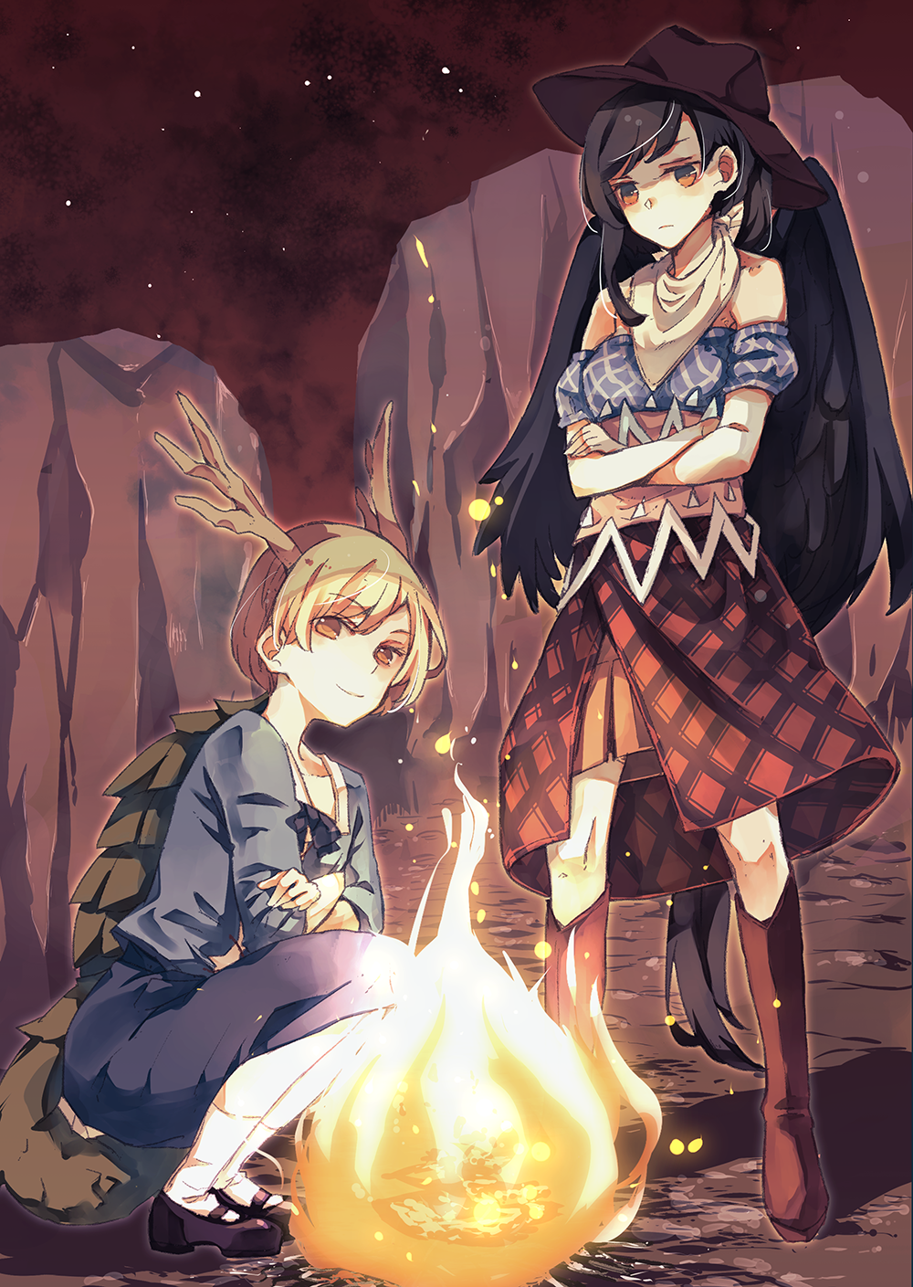 2girls atoki bangs bare_shoulders black_footwear black_hair black_wings blonde_hair blue_shirt blue_skirt boots breasts brown_eyes brown_footwear brown_skirt campfire canyon closed_mouth commentary_request cowboy_hat crossed_arms dragon_horns dragon_tail eyebrows_visible_through_hair fire frown full_body hat highres horns horse_tail jitome kicchou_yachie kurokoma_saki long_hair mary_janes multiple_girls night off-shoulder_shirt off_shoulder plaid plaid_skirt scarf shadow shirt shoes short_hair skirt sky small_breasts smile socks squatting standing star_(sky) starry_sky swept_bangs tail touhou turtle_shell white_legwear wings