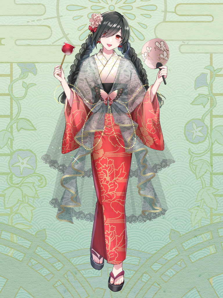 1girl :d black_hair braid candy_apple dairoku_youhei earrings fan flower food full_body green_background hair_flower hair_ornament hair_over_one_eye holding holding_fan japanese_clothes jewelry kimono kusunokinawate long_hair looking_at_viewer low_twintails open_mouth red_eyes red_kimono sandals see-through simple_background smile solo standing twin_braids twintails very_long_hair wide_sleeves