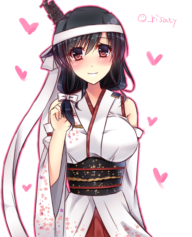 1girl bare_shoulders black_hair blush breasts detached_sleeves floral_print hachimaki hair_ornament hair_ribbon headband heart kantai_collection large_breasts long_hair looking_at_viewer low-tied_long_hair nontraditional_miko red_eyes remodel_(kantai_collection) ribbon sakura_umi short_hair smile solo twitter_username white_headband white_ribbon wide_sleeves yamashiro_(kantai_collection)