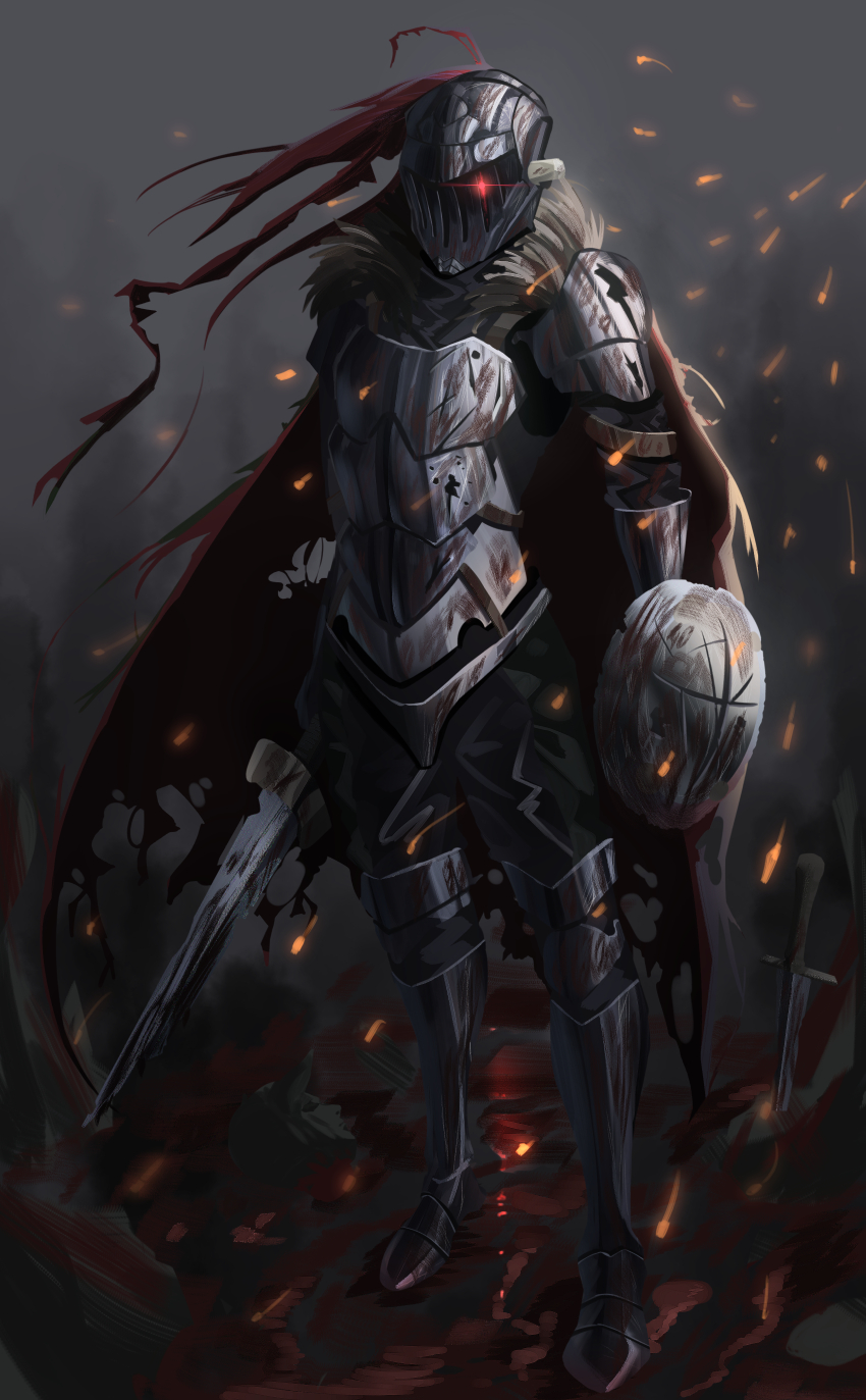 1boy alternate_costume armor breastplate buckler cape chipped_sword embers english_commentary fantasy full_armor full_body fur-trimmed_cape fur_trim gauntlets glowing glowing_eye goblin_slayer goblin_slayer! greaves helmet highres holding holding_sword holding_weapon knight male_focus miamuly red_eyes shield solo standing sword tattered_cape weapon