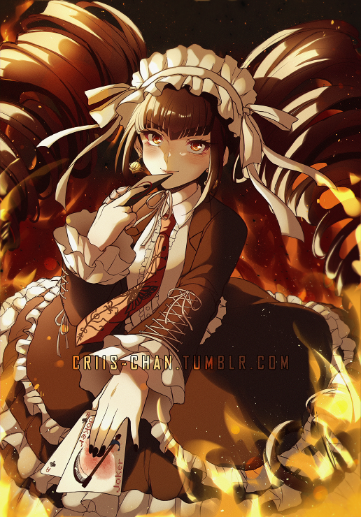 1girl bangs black_dress black_hair black_jacket black_nails blunt_bangs blush bonnet brown_eyes card celestia_ludenberck center_frills collared_shirt commentary_request criis-chan dangan_ronpa dangan_ronpa_1 dress dress_shirt drill_hair earrings fire frilled_dress frilled_sleeves frills gothic_lolita hairband jacket jewelry lolita_fashion lolita_hairband long_hair long_sleeves looking_at_viewer nail_polish necktie open_clothes open_jacket playing_card red_eyes shirt smile solo twin_drills twintails twitter_username