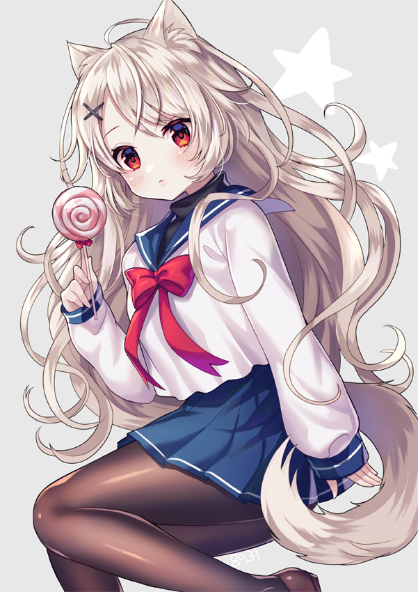 1girl animal_ear_fluff animal_ears bangs blue_sailor_collar blue_skirt bow brown_footwear brown_legwear candy closed_mouth commentary_request dog_ears dog_girl dog_tail feet_out_of_frame food grey_background hair_between_eyes hair_ornament hairclip hakusai_ponzu holding holding_candy holding_food holding_lollipop light_brown_hair lollipop long_hair long_sleeves looking_at_viewer original pantyhose pleated_skirt red_bow red_eyes sailor_collar school_uniform serafuku shirt shoes skirt sleeves_past_wrists solo star_(symbol) swirl_lollipop tail very_long_hair white_shirt x_hair_ornament