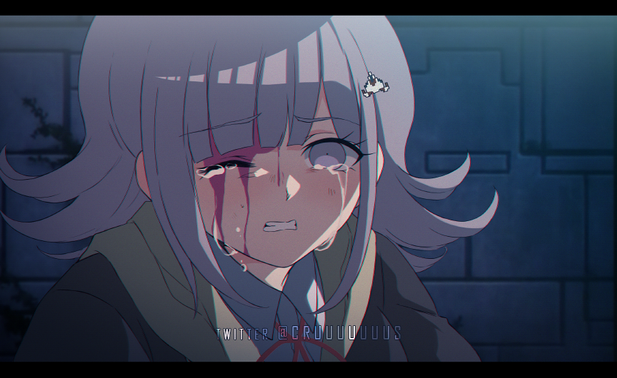 1990s_(style) 1girl bangs blood blood_on_face blunt_bangs brown_jacket clenched_teeth collared_shirt commentary criis-chan crying crying_with_eyes_open dangan_ronpa dangan_ronpa_3 derivative_work flipped_hair grey_shirt hair_ornament hairclip jacket letterboxed looking_at_viewer medium_hair nanami_chiaki one_eye_closed pink_blood screencap_redraw shirt solo spoilers stone_wall tears teeth twitter_username upper_body wall