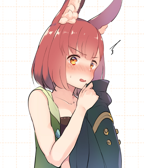 1girl animal_ear_fluff animal_ears bangs bare_arms bare_shoulders blush breasts calm_mashiro caught clothes_sniffing eyebrows_visible_through_hair hound_(sekaiju) looking_at_viewer nose_blush rabbit_ears sekaiju_no_meikyuu sekaiju_no_meikyuu_5 short_hair smelling solo white_background yellow_eyes