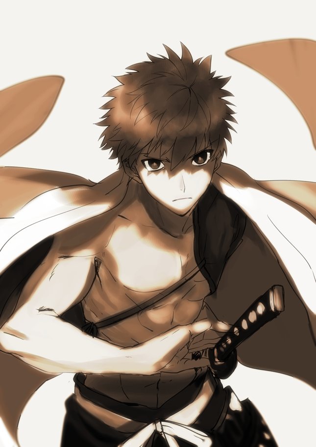 1boy abs brown_theme cape drawing_sword emiya_shirou fate/grand_order fate_(series) katana limited/zero_over looking_at_viewer male_focus matsuya_(pile) monochrome sengo_muramasa_(fate) simple_background sword upper_body weapon white_background