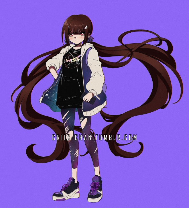 1girl bangs black_shirt blush criis-chan dangan_ronpa full_body hair_ornament hairclip hand_on_hip harukawa_maki holding holding_phone hood hooded_jacket jacket jewelry long_hair long_sleeves looking_at_viewer low_twintails mole nasa_logo new_dangan_ronpa_v3 open_clothes phone purple_background purple_scrunchie raglan_sleeves red_eyes scrunchie shirt shoes sneakers solo space_print star_(symbol) star_hair_ornament starry_sky_print symbol_commentary torn_clothes torn_legwear twintails twitter_username very_long_hair