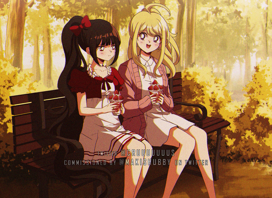 1990s_(style) 2girls ahoge akamatsu_kaede alternate_costume alternate_hairstyle autumn bangs bench black_hair blonde_hair blue_eyes blush bow brown_hair collared_shirt commentary commission criis-chan dangan_ronpa dress earrings feet_out_of_frame food fruit hair_bow harukawa_maki heart heart_earrings holding holding_hands jewelry long_hair multiple_girls nature new_dangan_ronpa_v3 open_mouth outdoors ponytail pout puffy_short_sleeves puffy_sleeves shirt short_dress short_sleeves sitting smile strawberry tree twitter_username white_dress