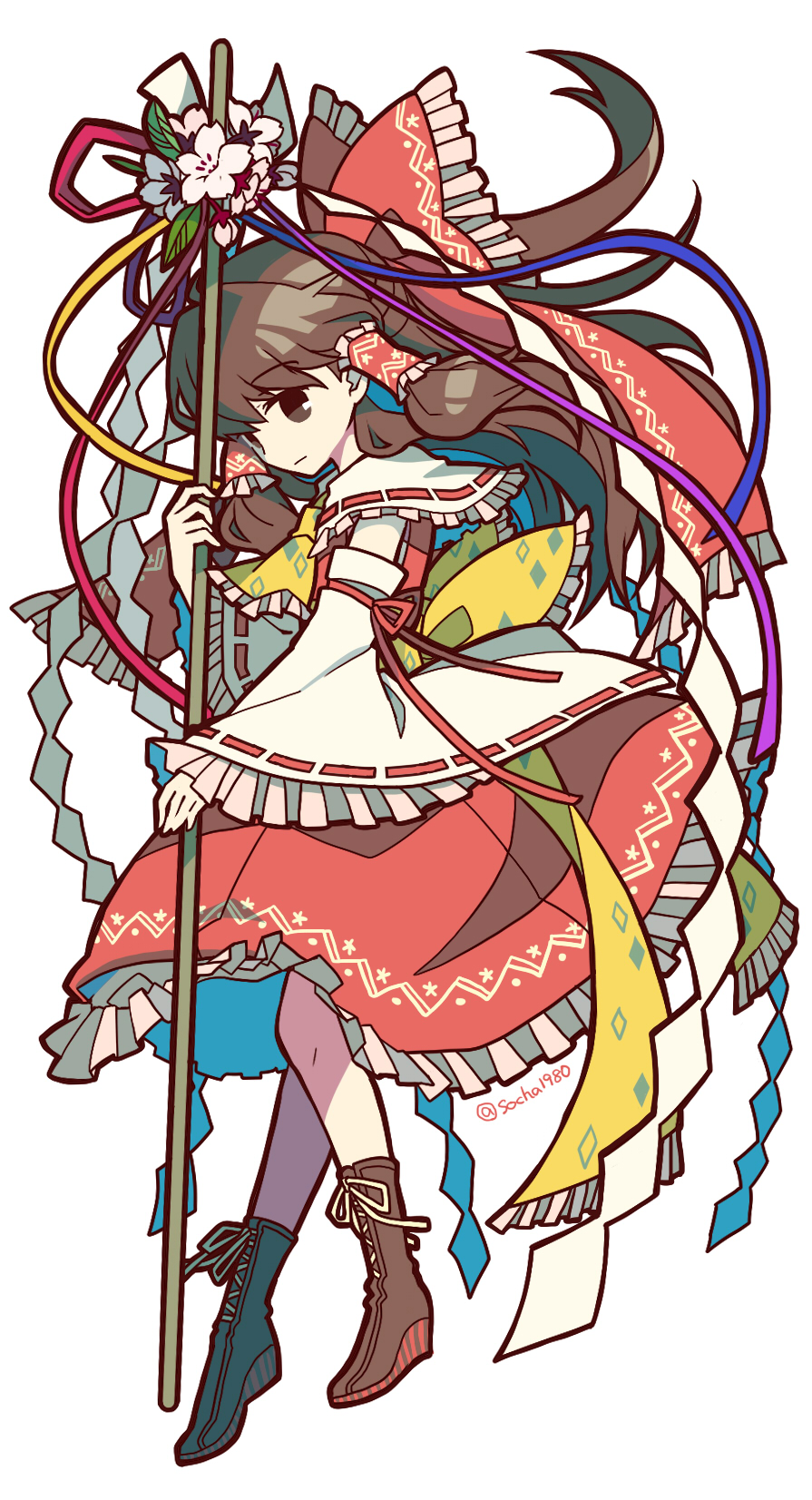 1girl bangs boots bow brown_eyes brown_footwear brown_hair closed_mouth detached_sleeves flower frilled_bow frilled_hair_tubes frills full_body gohei hair_bow hair_tubes hakurei_reimu highres holding japanese_clothes leaf long_hair looking_at_viewer miko red_bow red_ribbon red_shirt red_skirt ribbon ribbon-trimmed_sleeves ribbon_trim shirt simple_background skirt smile socha solo touhou twitter_username white_background wide_sleeves yellow_ribbon