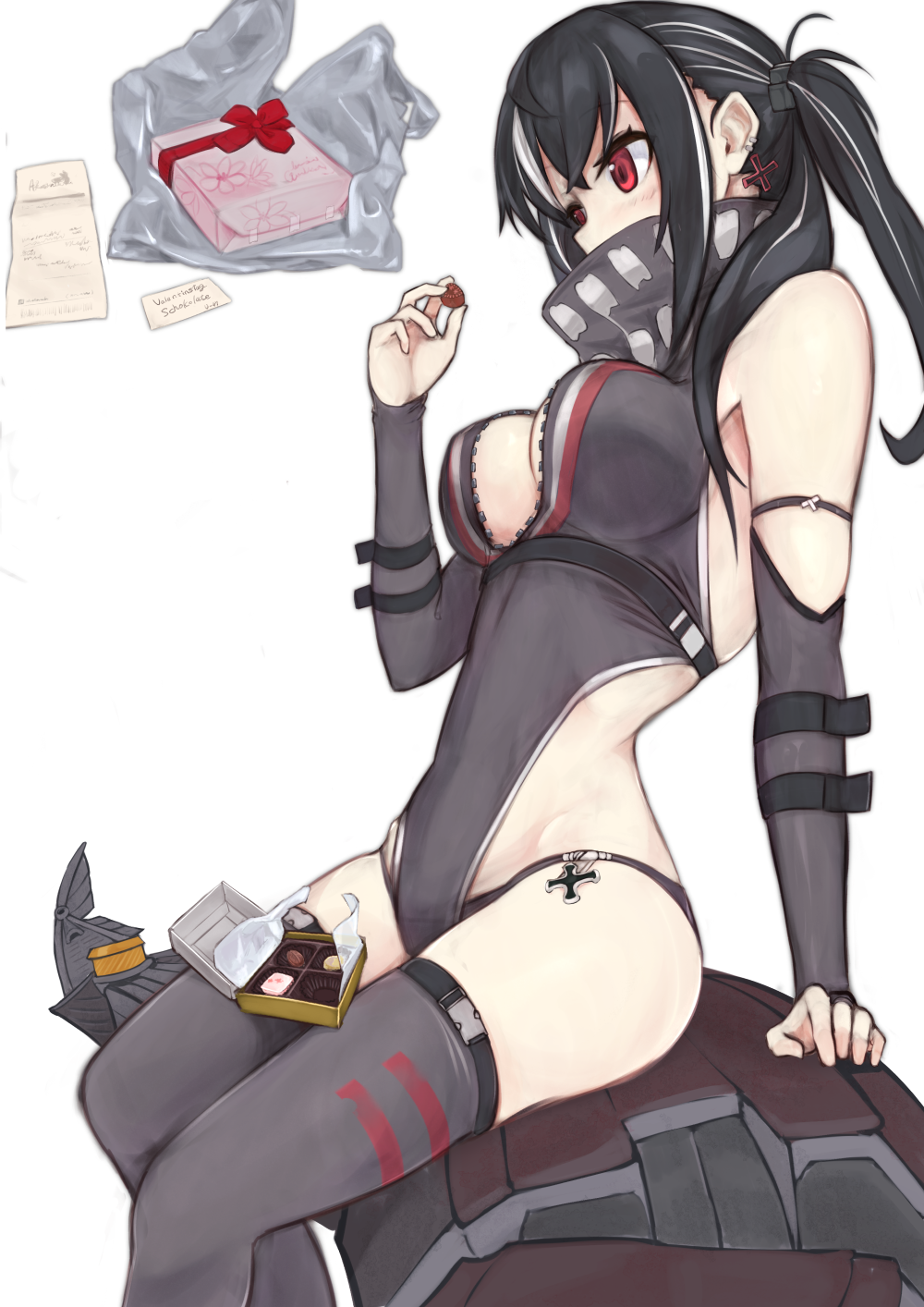1girl azur_lane bangs black_hair black_legwear black_scarf black_swimsuit box breasts chocolate competition_swimsuit cross cross_earrings earrings eyebrows_visible_through_hair feet_out_of_frame gift gift_box hair_between_eyes highres jewelry long_hair long_sleeves looking_down marshall_k medium_breasts multicolored_hair one-piece_swimsuit red_eyes scarf side_ponytail sitting solo swimsuit thigh-highs u-47_(azur_lane) white_background