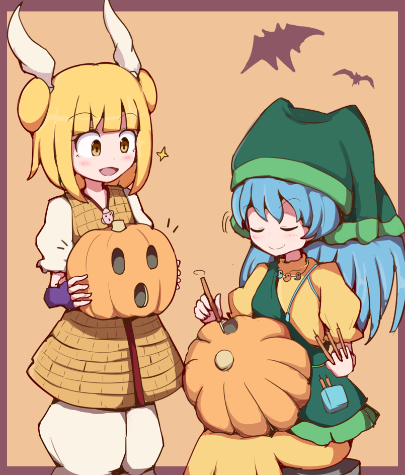 2girls :d apron bangs bat between_fingers blonde_hair blue_hair blunt_bangs blush border carving closed_eyes closed_mouth commentary_request double_bun eyebrows_visible_through_hair green_apron haniwa_(statue) haniyasushin_keiki head_scarf holding jack-o'-lantern joutouguu_mayumi long_hair looking_down magatama_necklace motion_lines multiple_girls nikori open_mouth orange_background puffy_short_sleeves puffy_sleeves pumpkin short_hair short_sleeves sitting skirt smile smug standing stool sweater touhou vambraces yellow_eyes yellow_skirt yellow_sweater