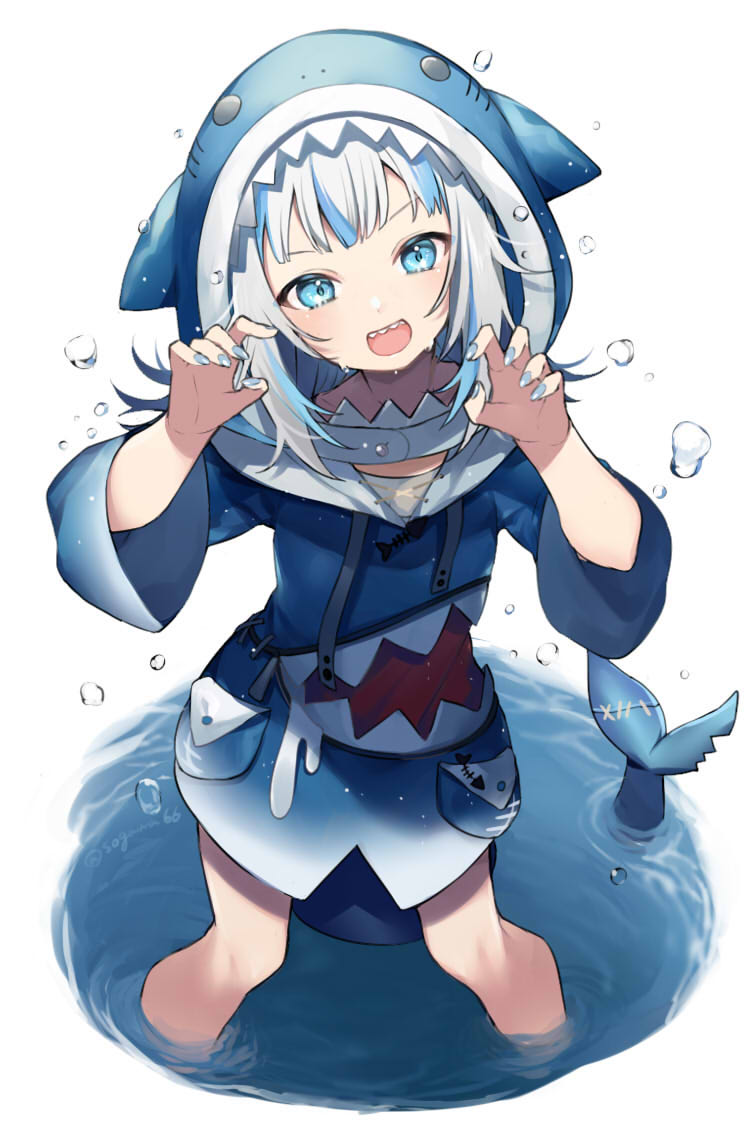 1girl :d animal_hood blue_eyes blue_hair blue_hoodie blue_nails claw_pose fingernails fish_tail gawr_gura hands_up head_tilt hololive hololive_english hood hood_down hood_up hoodie looking_at_viewer multicolored_hair nail_polish open_mouth shark_hood shark_tail sharp_teeth smile sogawa solo stitches streaked_hair tail teeth upper_teeth wading white_hair