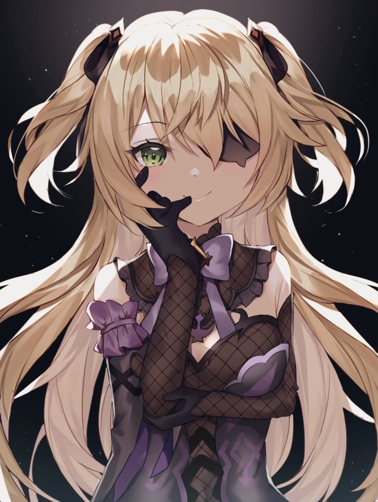 1girl arm_scrunchie black_gloves black_nails blonde_hair blush bodystocking bodysuit bow bowtie brown_sleeves dark_background elbow_rest eyepatch fischl_(genshin_impact) fishnet_bodysuit fishnets genshin_impact gloves green_eyes hair_over_one_eye long_hair looking_at_viewer lux_(dera_ix) night purple_bow purple_neckwear smile solo two_side_up upper_body