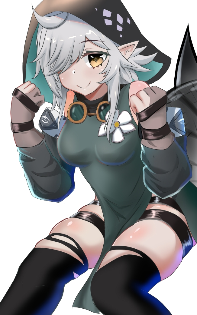 1girl ahoge arknights bangs bare_shoulders black_legwear breasts clenched_hand crocodilian_tail dr._yeshu goggles goggles_around_neck grey_hair hair_over_one_eye hands_up hood long_hair looking_at_viewer medium_breasts pointy_ears silver_hair simple_background skindentation solo tail thigh-highs thighs tomimi_(arknights) torn_clothes torn_legwear white_background yellow_eyes