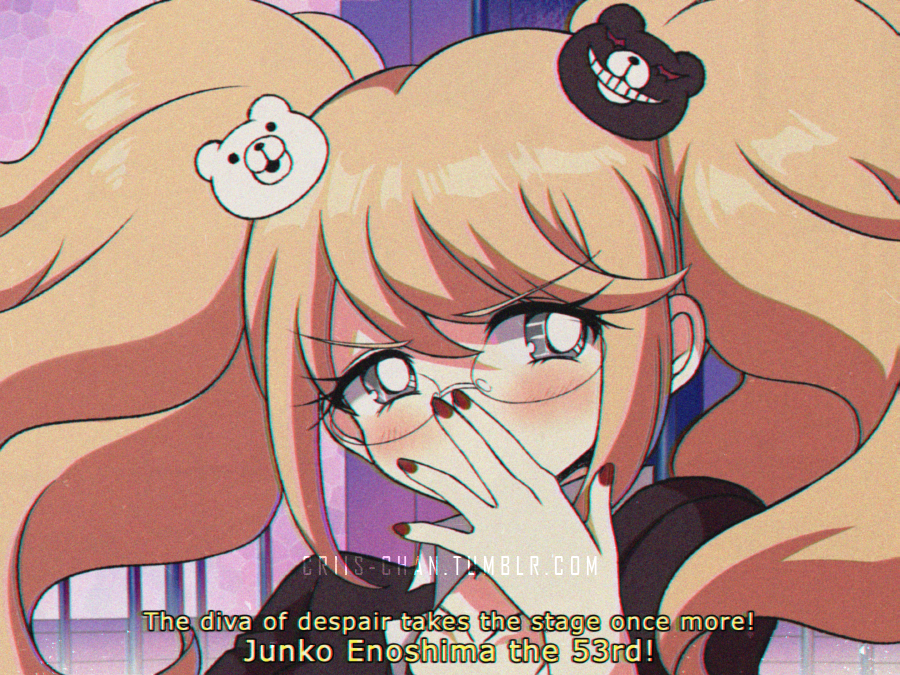 1990s_(style) 1girl bangs bear_hair_ornament bespectacled black_jacket blush commentary criis-chan dangan_ronpa english_text enoshima_junko eyebrows_visible_through_hair face fingernails glasses hair_ornament hand_up hands_on_own_face jacket long_hair looking_at_viewer multicolored nail_polish new_dangan_ronpa_v3 red_nails solo spoilers symbol-shaped_pupils twintails