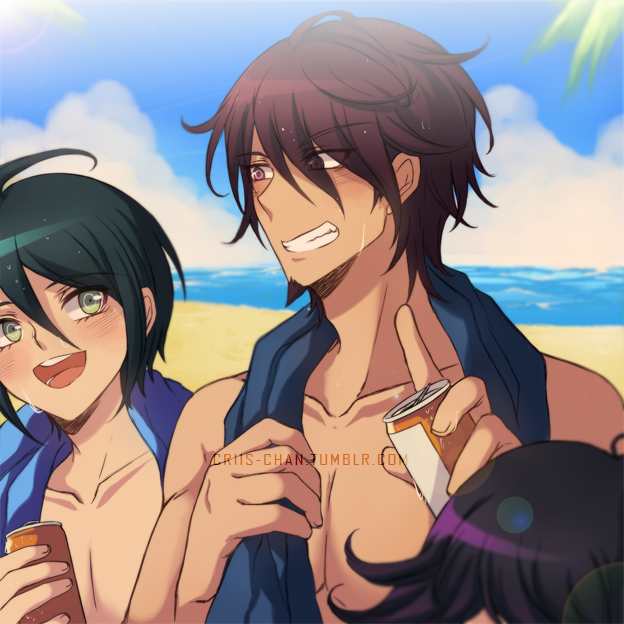 3boys :d alternate_costume alternate_hairstyle beach black_hair blue_towel blush brown_eyes brown_hair can clouds commentary criis-chan dangan_ronpa day facial_hair goatee green_eyes grin holding holding_can male_focus momota_kaito multiple_boys new_dangan_ronpa_v3 ocean open_mouth ouma_kokichi out_of_frame outdoors palm_leaf pectorals saihara_shuuichi short_hair smile towel towel_around_neck upper_body wet wet_hair