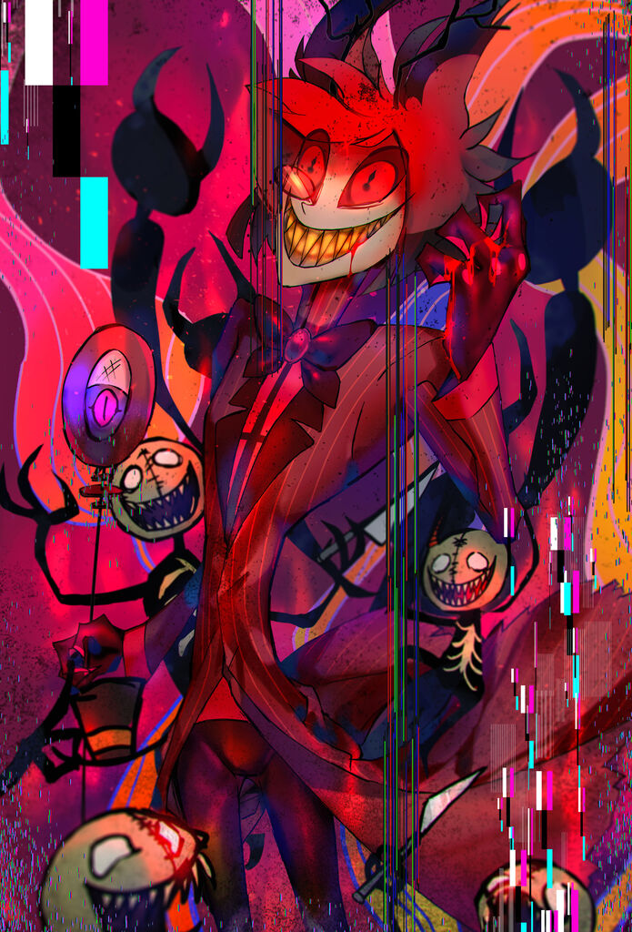 1boy akkkma alastor_(hazbin_hotel) bow bowtie clenched_hand demon fire formal gold_teeth hair_horns hat hazbin_hotel microphone monocle pinstripe_suit red_eyes red_sclera red_suit redhead sharp_teeth silhouette_demon striped suit symbol-shaped_pupils teeth top_hat vintage_microphone voodoo_doll