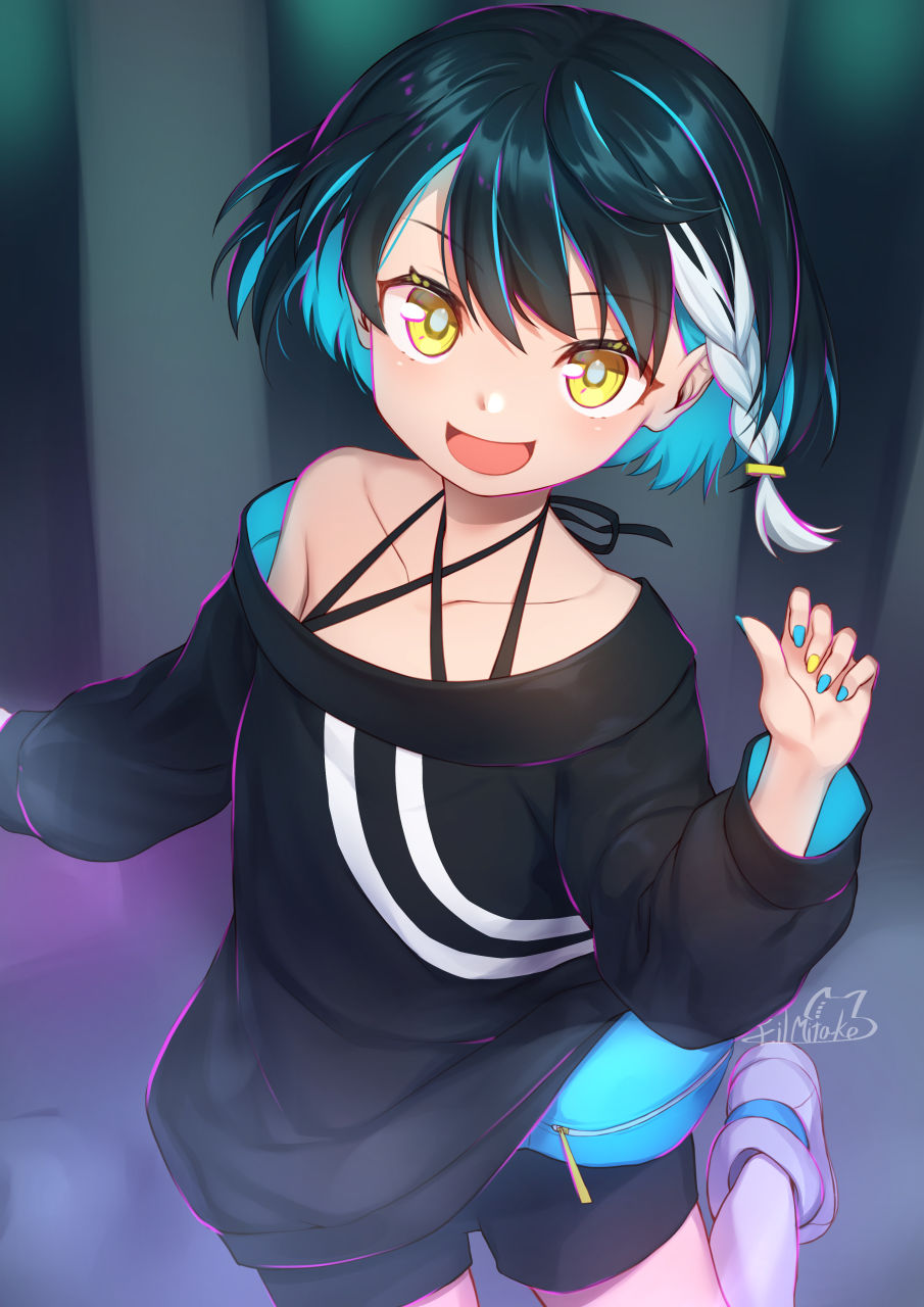 1girl :d artist_name bare_shoulders black_hair black_shirt black_shorts blue_hair blue_nails braid collarbone colored_inner_hair commentary_request eyelashes fanny_pack hair_between_eyes halterneck hand_up highres looking_at_viewer mitake_eil multicolored_hair nail_polish off_shoulder open_mouth original puffy_sleeves shirt short_hair shorts signature single_braid smile solo upper_body white_footwear white_hair yellow_eyes yellow_nails