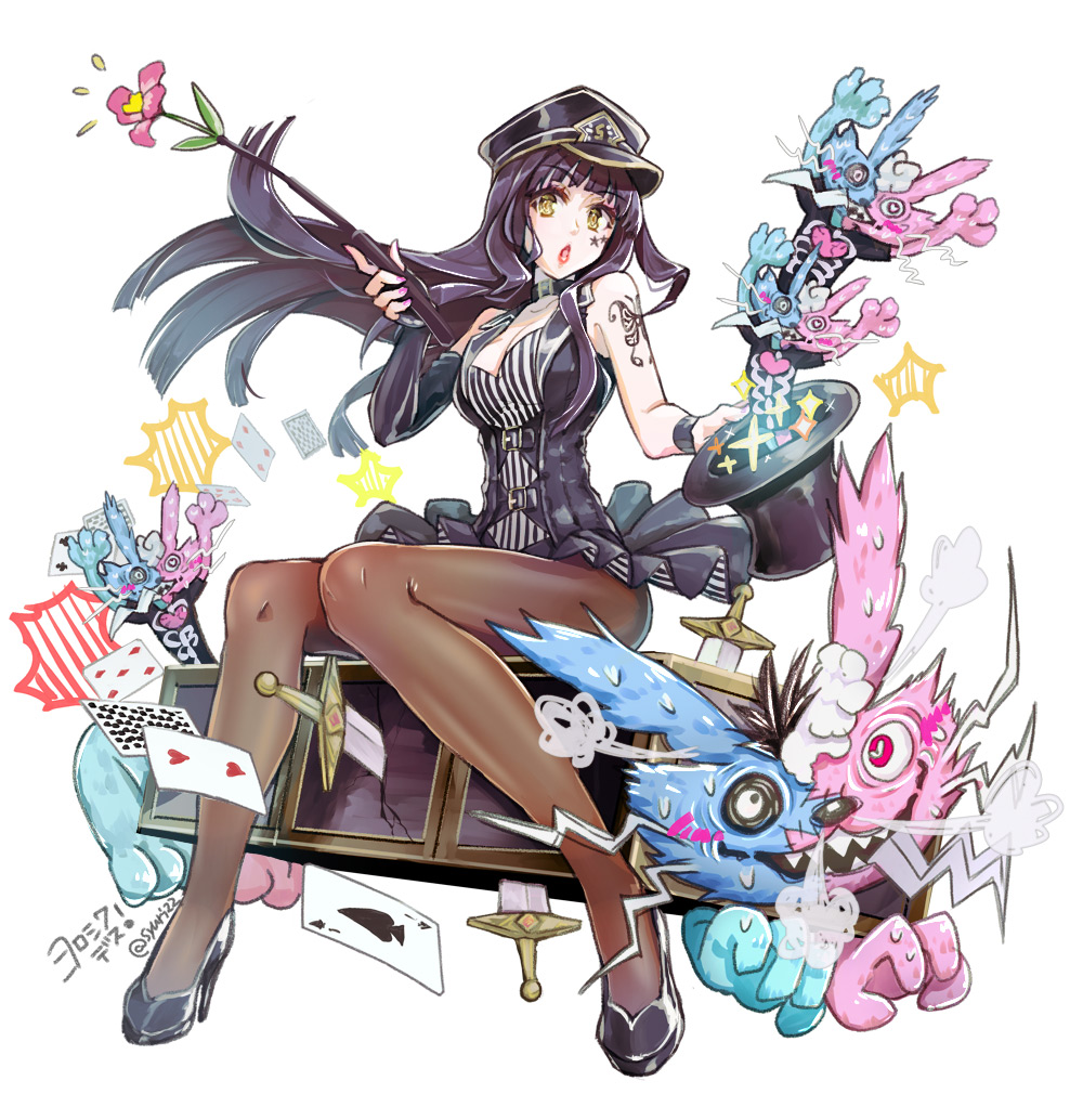 1girl 1other asymmetrical_gloves black_hair bof_(sound_voltex) breasts butterfly_tattoo card diamond_(shape) dress elbow_gloves fingerless_gloves flower gloves hat heart high_heels holding holding_clothes holding_hat holding_wand kneehighs large_breasts long_hair magic magic_trick miss.dd playing_card sound_voltex spade_(shape) star_(symbol) star_tattoo striped striped_dress sword syuri22 tagme tattoo top_hat vertical_stripes wand weapon wristband