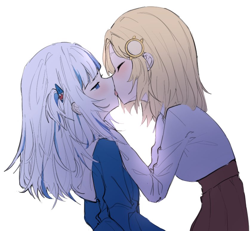 2girls blonde_hair blush closed_eyes english_commentary enot french_kiss gawr_gura hololive hololive_english kiss leaning_on_person long_hair multiple_girls short_hair virtual_youtuber watson_amelia white_hair yuri