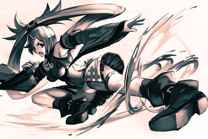 1girl bare_shoulders boots breasts china_dress chinese_clothes detached_sleeves dress greyscale guilty_gear hair_ornament hair_ring hankuri kicking kuradoberi_jam long_hair monochrome open_mouth simple_background skirt solo twintails very_long_hair