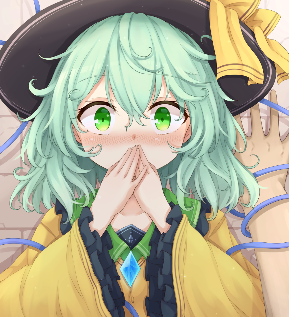 against_wall blush commentary_request covering_mouth eyebrows_visible_through_hair frilled_sleeves frills green_eyes green_hair hand_on_wall hat hat_ribbon komeiji_koishi looking_at_viewer neko_mata pov pov_hands ribbon shirt solo_focus touhou upper_body wall_slam wide_sleeves yellow_shirt