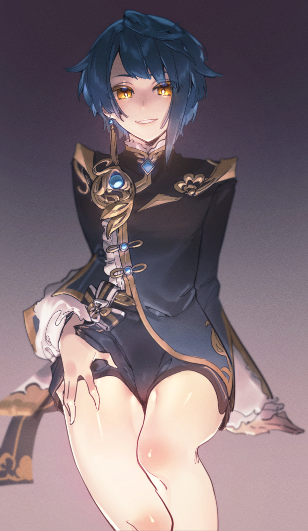 1boy bangs blue_hair chinese_clothes earrings eyebrows_visible_through_hair eyes_visible_through_hair genshin_impact hand_on_own_thigh jacket jewelry long_sleeves looking_at_viewer male_focus mirin_chikuwa open_mouth otoko_no_ko short_hair shorts simple_background smile solo xingqiu_(genshin_impact) yellow_eyes